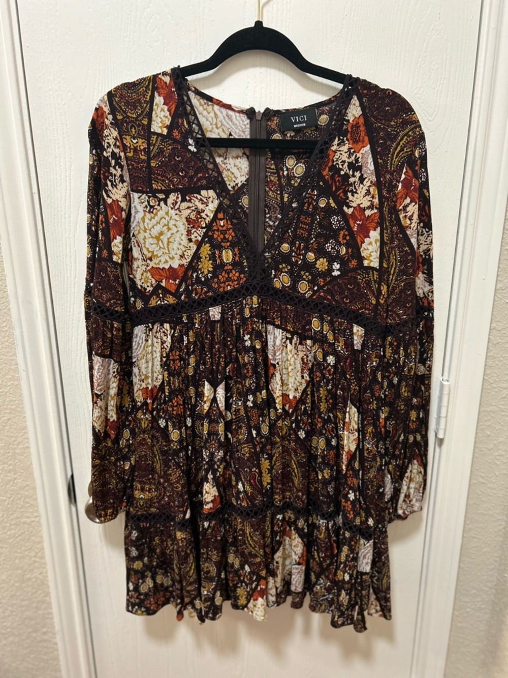 VICI Brown Floral Paisley Patchwork Long Sleeve Short Flowy Dress Size M Boho